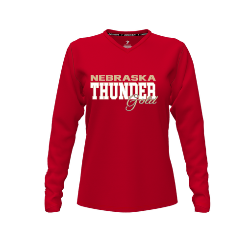 [FTLVPTRD-FYXS-LOGO2] Decker Performance T-Shirt (Female Youth XS, Red, V Neck, Logo 2, Long Sleeve)